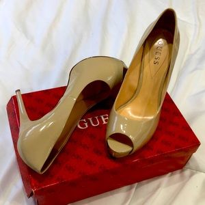 Tan patent leather peep toe